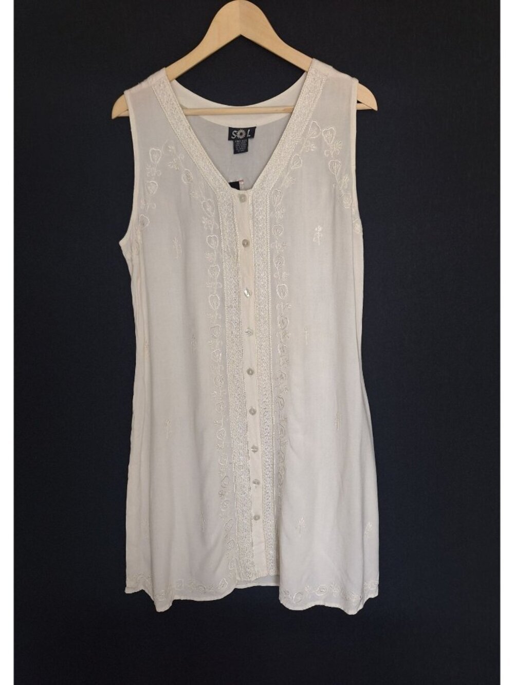 NWT SOL Embroidered Bohemian Button Front Dress Size L Lightweight Cottage Prepp
